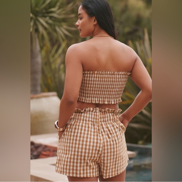 Anthropologie Brown White Gingham Set Top and Shorts - Picture 3 of 4